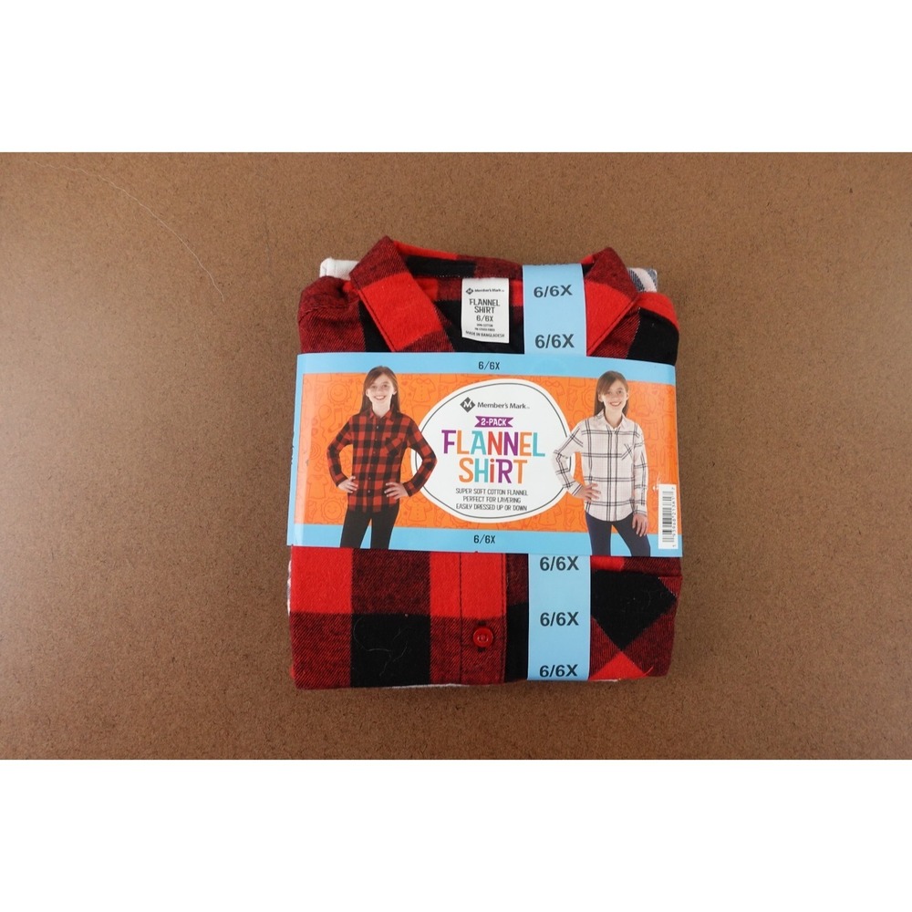 Members Mark Girls 6/6X Colorful Plaid Flannel 2 Pack Long Sleeve Shirts NWT